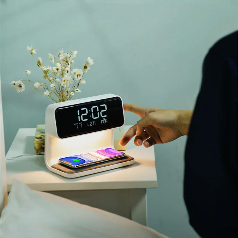 3-in-1 Bedside Lamp with Wireless Charging, LCD Screen, and Alarm Clock