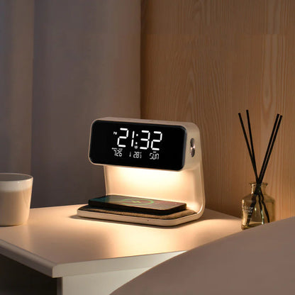 3-in-1 Bedside Lamp with Wireless Charging, LCD Screen, and Alarm Clock