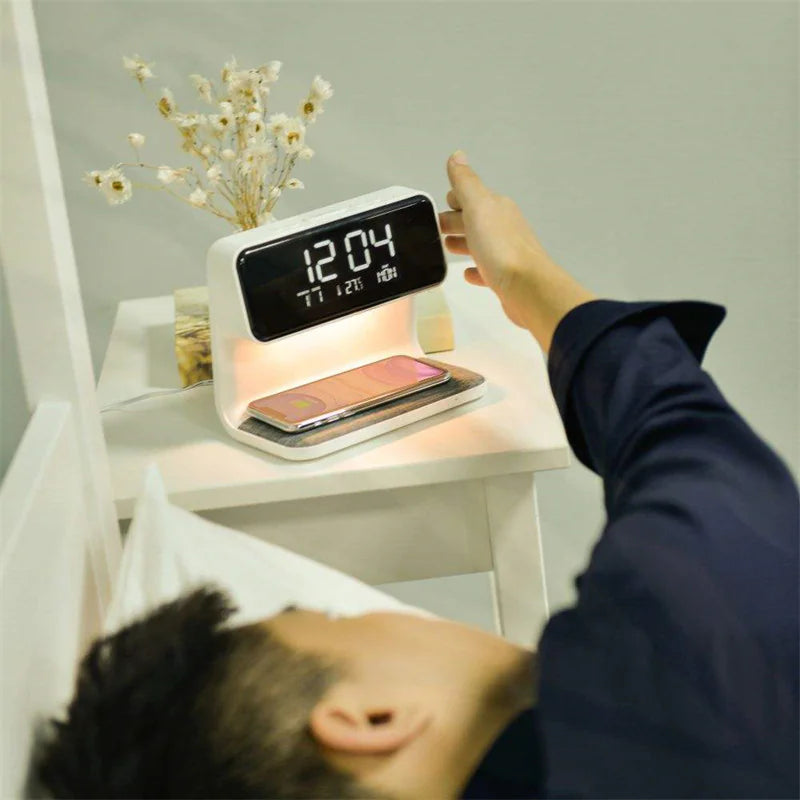 3-in-1 Bedside Lamp with Wireless Charging, LCD Screen, and Alarm Clock