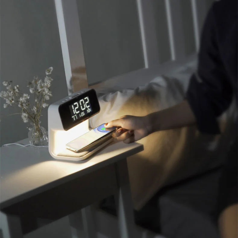 3-in-1 Bedside Lamp with Wireless Charging, LCD Screen, and Alarm Clock